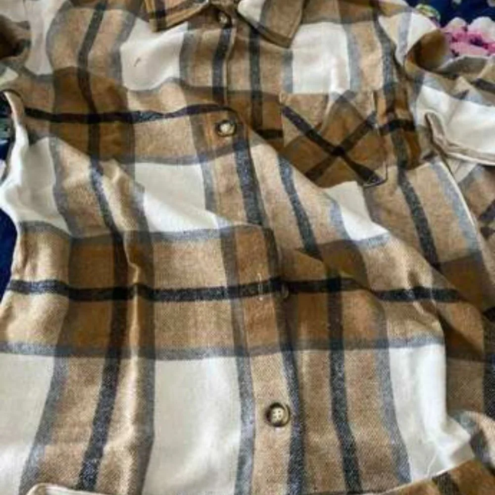 2 piece set Plaid Print Button Front Overcoat & Skirt Tan - Picture 2 of 6